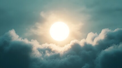 Poster - A conceptual image of the sun gradually being obscured by clouds with only faint light peeking through creating a moody and serene atmospheric scene