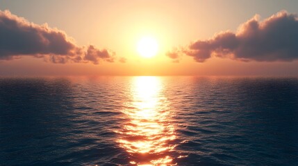 Poster - Breathtaking sunset over the vast shimmering ocean creates a serene and ethereal landscape with the light reflecting off the gently lapping waves and casting a warm glowing hue across the horizon