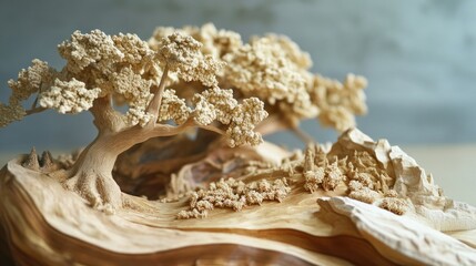 Canvas Print - Intricate Wooden Sculpture of a Miniature Landscape