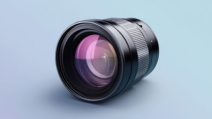 Wall Mural - Black Camera Lens with Purple Coating Isolated on Light Blue Background