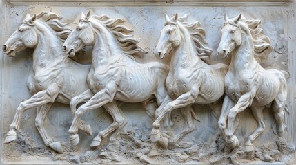 Aufkleber - A group of horses running along a brick wall, likely in an enclosed space or corral