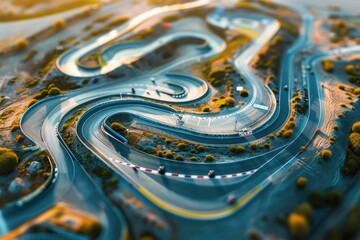 Poster - Aerial view of a winding road with trees and hills in the background