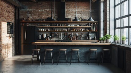 Canvas Print - Industrial Style Kitchen with Bar Stools