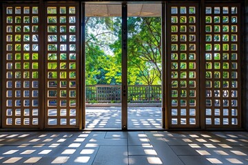 Poster - A large open door leading to a patio, suitable for use in interior design and architecture photoshoots