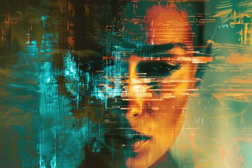 Wall Mural - A woman's face with a digital background, suitable for tech-related or futuristic concepts