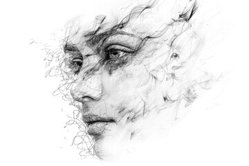 Poster - A black and white drawing of a woman's face with details on her features