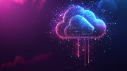 Poster - abstract digital cloud computing icon with neon arrows up and down on a futuristic cyberpunk blue-pu