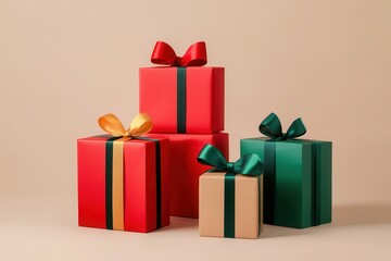 Aufkleber - Colorful gift boxes in geometric shapes are beautifully decorated with vibrant ribbons and bows, creating a festive holiday display. Generative AI