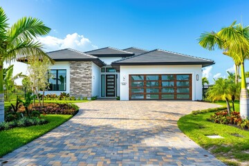 Poster - A residential property with a driveway and palm trees in the front yard
