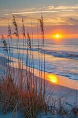 Aufkleber - A serene scene of sunset over the ocean, with the beach in the foreground