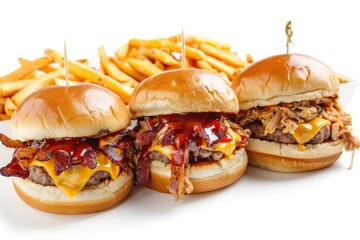 Wall Mural - A plate with three juicy burgers and crispy French fries, perfect for a casual meal or party