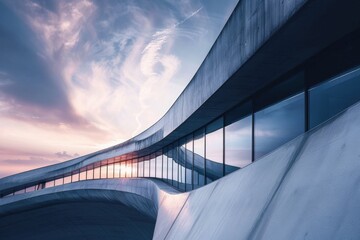 Poster - A curved building with a clear blue sky and some white clouds