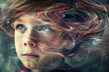 Canvas Print - Abstract Portrait of a Young Girl with Swirling Colors.