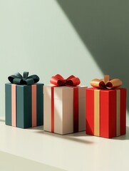 Fototapete - Three minimalist gift boxes with bright ribbons are arranged on a surface, adding a festive touch to the holiday atmosphere. Generative AI