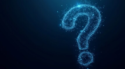 Poster - Abstract digital Question mark. Futuristic low poly wireframe Ask symbol. Support, Help, and Problem symbols on blue technology background. Polygonal illustration consist of lines and connected dots. 