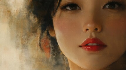 Wall Mural - Close-up of a woman's face with red lipstick, painted in oil on canvas.