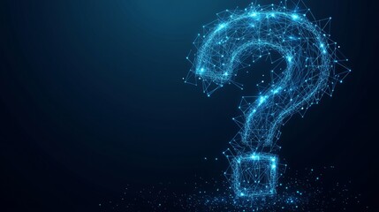 Poster - Abstract digital Question mark. Futuristic low poly wireframe Ask symbol. Support, Help, and Problem symbols on blue technology background. Polygonal illustration consist of lines and connected dots. 
