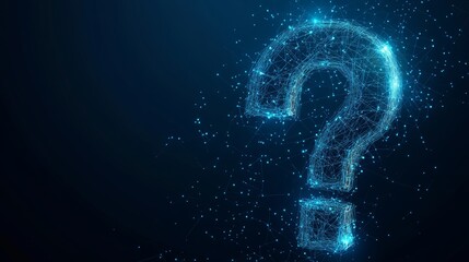 Poster - Abstract digital Question mark. Futuristic low poly wireframe Ask symbol. Support, Help, and Problem symbols on blue technology background. Polygonal illustration consist of lines and connected dots. 