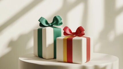 Poster - Beautifully wrapped Christmas gift boxes in geometric designs feature vibrant ribbons, creating a festive display perfect for the holidays. Generative AI