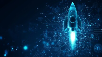 Poster - abstract digital rocket, light cpu processor on technology blue background. semiconductor or microch