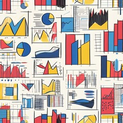 Poster - Repeating geometric pattern of business graphs charts and data visualization elements for finance analytics and corporate strategy presentations and reports