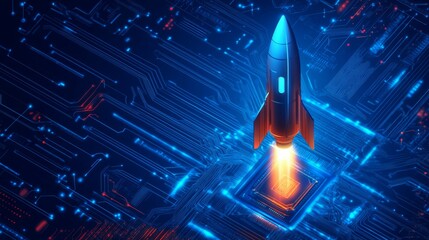 Poster - abstract digital rocket, light cpu processor on technology blue background. semiconductor or microch