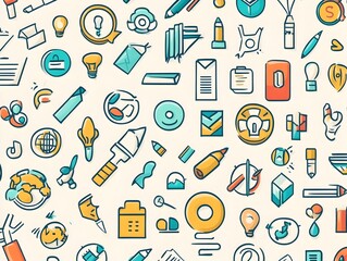 Poster - Seamless arrangement of various business related icons and symbols in a minimalist drawing representing concepts like corporate organization