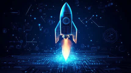 Poster - abstract digital rocket, light cpu processor on technology blue background. semiconductor or microch