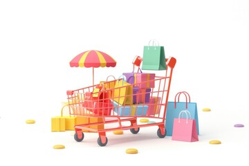 Poster - A shopping cart filled with colorful bags, ideal for use in promotional or commercial settings