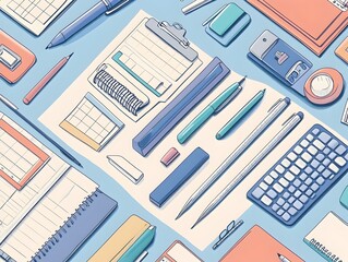 Poster - A drawing of various office supplies including pens pencils clips and other stationery items arranged in a precise geometric pattern creating a minimalist and modern composition