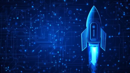 Poster - abstract digital rocket, light cpu processor on technology blue background. semiconductor or microch