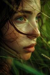 Canvas Print - A close-up shot of a woman's face amidst a lush green grass, perfect for editorial or advertising use