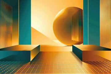 Poster - A minimalist interior featuring a single golden sphere on a table or shelf