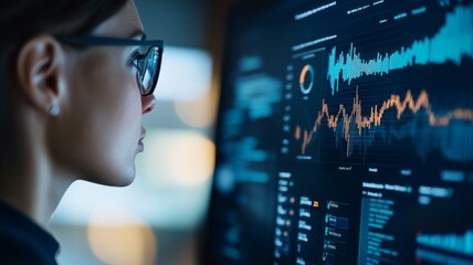 Wall Mural - A woman is looking at a computer screen with a lot of graphs and numbers