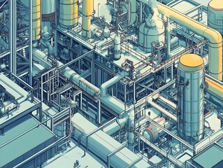 Poster - aerial overhead view of a sprawling industrial complex with numerous assembly lines and manufacturin
