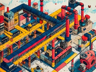 Poster - of a modern streamlined industrial complex with automated assembly lines and machinery showcasing an