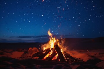 Wall Mural - campfire in the saudi arabian desert with a blue night sky filled with twinkling stars.
