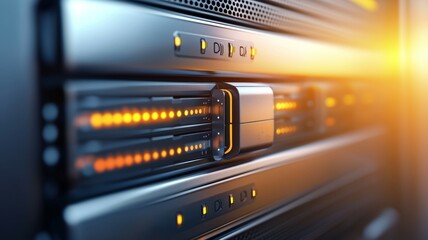 Poster - A server rack with a yellow button on the front