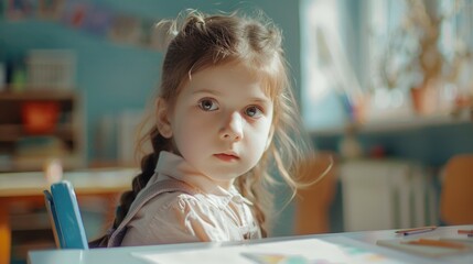 Poster - A young girl sitting at a table in a classroom, focused on her work