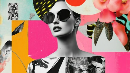 Canvas Print - Abstract Portrait of a Woman with Sunglasses and Flowers