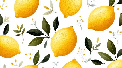 Poster - A pattern of lemons and leaves on a white background