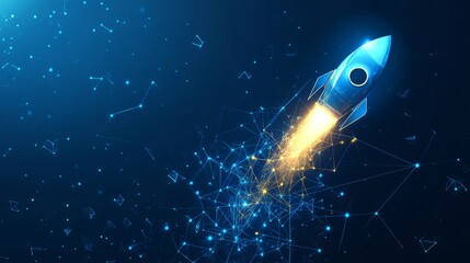 Poster - abstract growth graph chart with launch rocket on technology blue background. startup and success bu