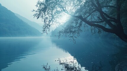 Poster - Serene lake with misty mountains in the background.