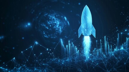 Poster - abstract growth graph chart with launch rocket on technology blue background. startup and success bu