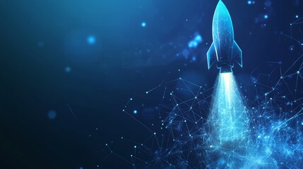 Poster - abstract growth graph chart with launch rocket on technology blue background. startup and success bu