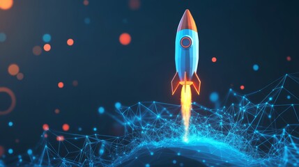 Poster - abstract growth graph chart with launch rocket on technology blue background. startup and success bu