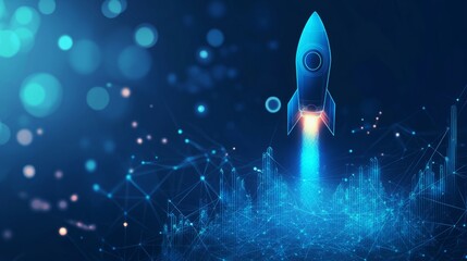 Poster - abstract growth graph chart with launch rocket on technology blue background. startup and success bu
