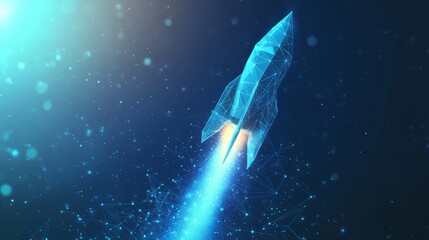 Poster - abstract growth graph chart with launch rocket on technology blue background. startup and success bu