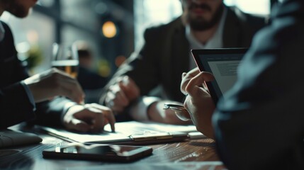 Poster - People gathered around a wooden table, possibly discussing or planning something