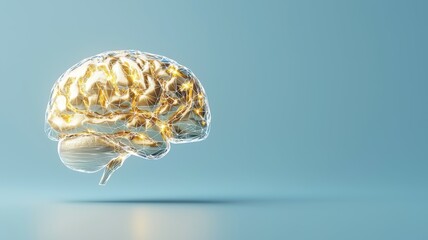 A brain with gold and silver colors is floating in the air